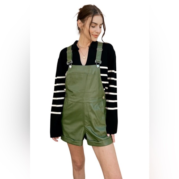 WEWOREWHAT NWT VEGAN GREEN LEATHER SHORT OVERALLS in BASIL - Picture 2 of 8